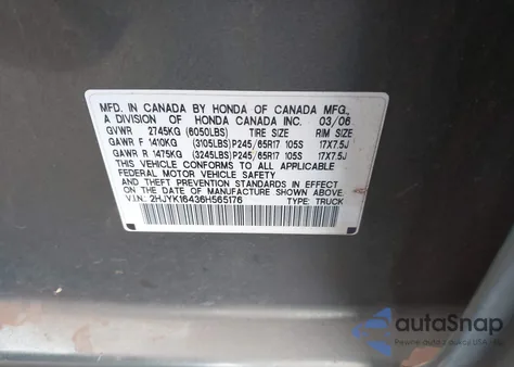 2006 Honda Ridgeline Rts из США, поврежденный, VIN 2HJYK16436H565176